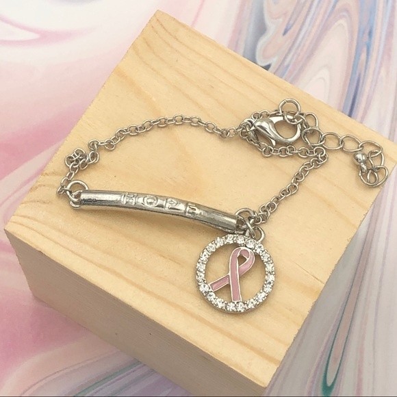 🌼 HOPE Breast Cancer Clasp Silver Chain Bracelet - Picture 1 of 2